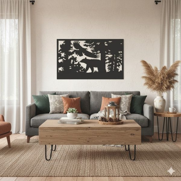 ملف لوحة جدارية بتصميم طبيعي: دب ونسر محلق للقص بالليزر (66x40 سم)