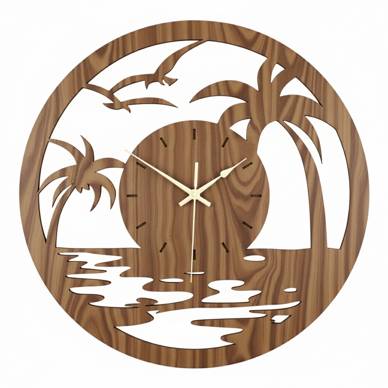 ملف ساعة جدارية ليزر بتصميم شاطئ ونخيل - تحفة فنية لديكور منزلك