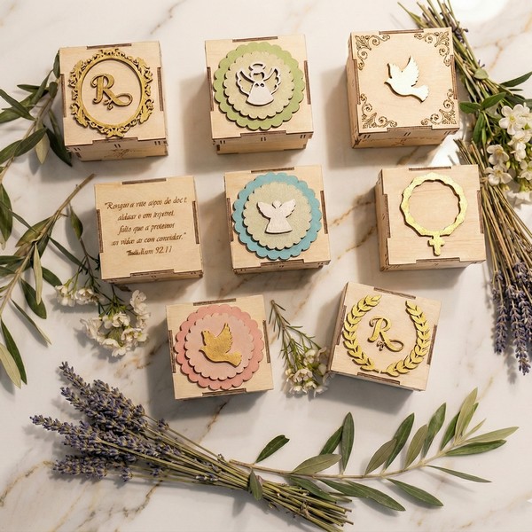 تصميم رقمي لعلب هدايا وتوزيعات خشبية قابلة للتخصيص بالليزر