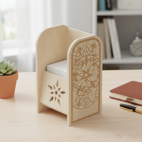 ملف SVG لتصميم حامل بطاقات عمل خشبي بزخرفة نباتية - منظم مكتب رقمي أنيق