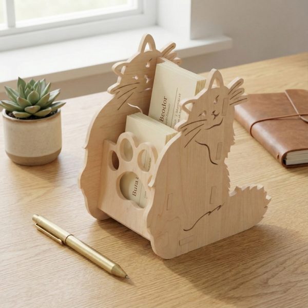 ملف SVG لتصميم حامل بطاقات عمل خشبي على شكل قط – منظم مكتب رقمي