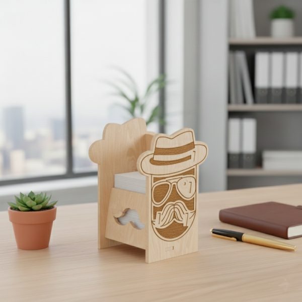 ملف SVG لتصميم حامل بطاقات عمل خشبي فريد مع قبعة كلب ونظارات - منظم مكتب رقمي قابل للقطع بالليزر
