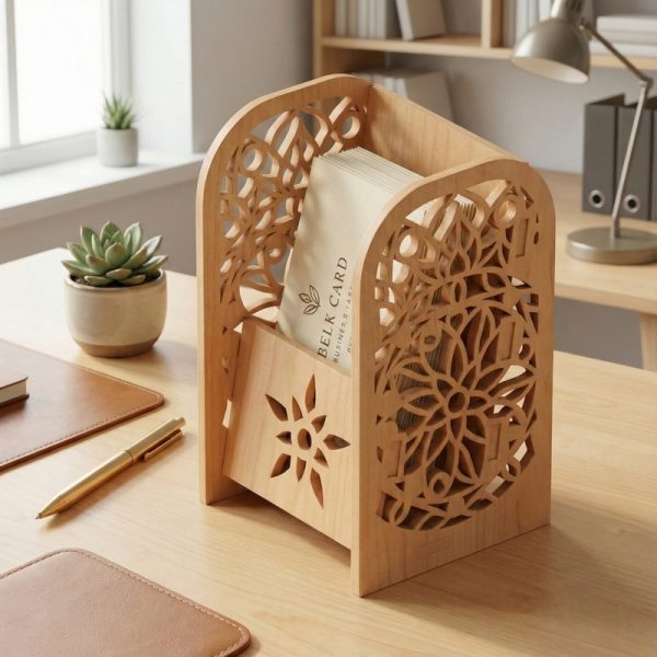 ملف SVG لتصميم حامل بطاقات عمل خشبي مع زخرفة نباتية – منظم مكتب رقمي