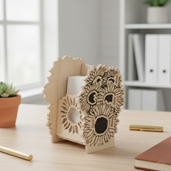 ملف SVG لتصميم حامل بطاقات عمل خشبي بعباد الشمس - منظم مكتب رقمي