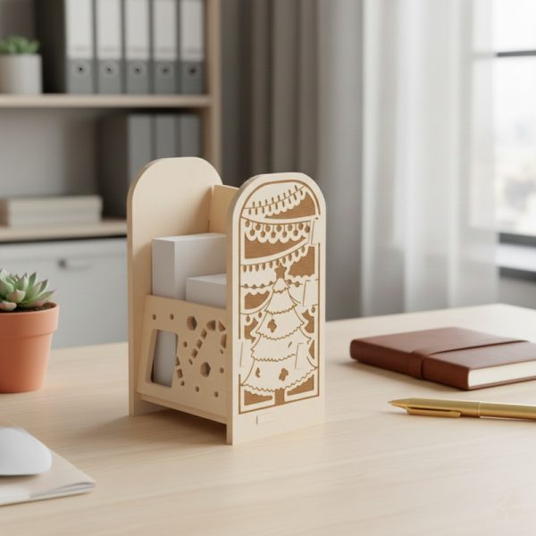 ملف SVG لتصميم حامل بطاقات عمل خشبي بنقوش شجرة الميلاد – منظم مكتب رقمي فريد