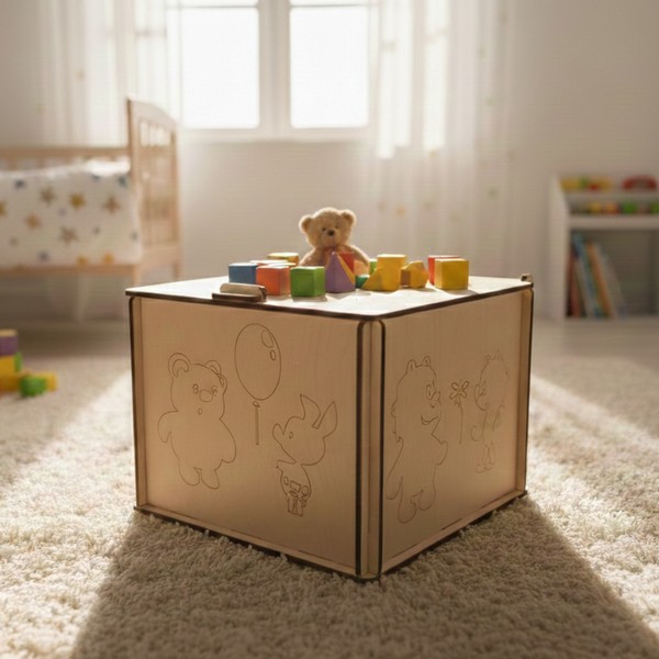 تصميم رقمي لبوكس خشبي بنقوش كرتونية محببة للأطفال