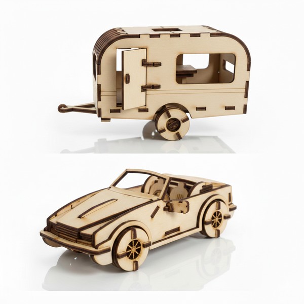 تصميم رقمي لطقم مجسمات خشبية يجمع بين السيارة سبورت الكشف ومقطورة الكرفان للقص بالليزر