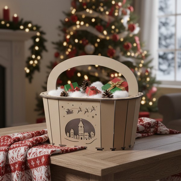 تصميم رقمي "سحر الشتاء": سلة الهدايا الخشبية المحفورة للقص بالليزر