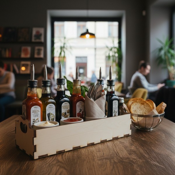 تصميم رقمي لمنظم طاولة المطاعم الاحترافي: تصميم خشبي عصري لتقديم الصوصات وأدوات المائدة.